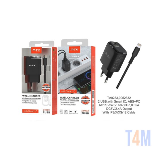 CARGADOR ADAPTADOR RÁPIDO MTK TA0283 NE CON CABLE IP 5-12 Y CHIP DE RECONOCIMIENTO INTELIGENTE 2 PUERTOS USB 2.4A MAX NEGRO